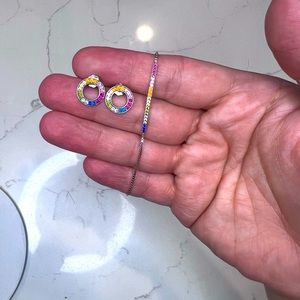Sterling Silver earrings and adjustable bracelet with rainbow CZ stones